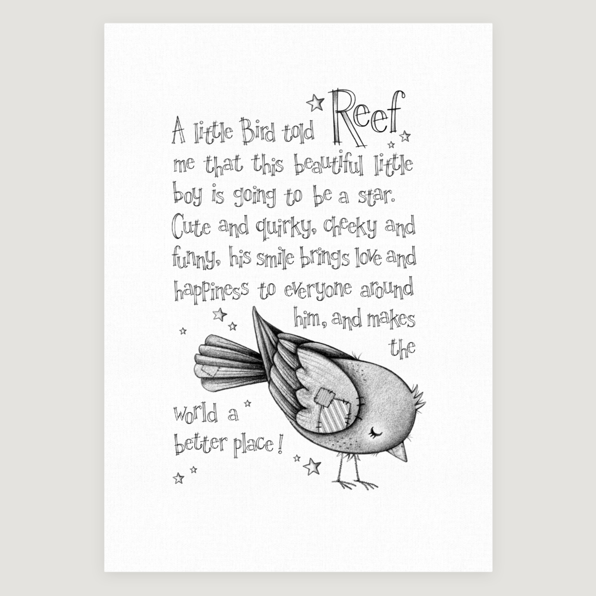 Little Bird – Story Personalised Monochrome Art Print – Rags and Rainbows