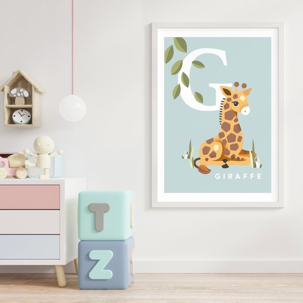 Giraffe initial baby blue framed