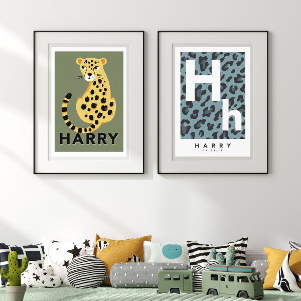 Leopard initial blue pair framed