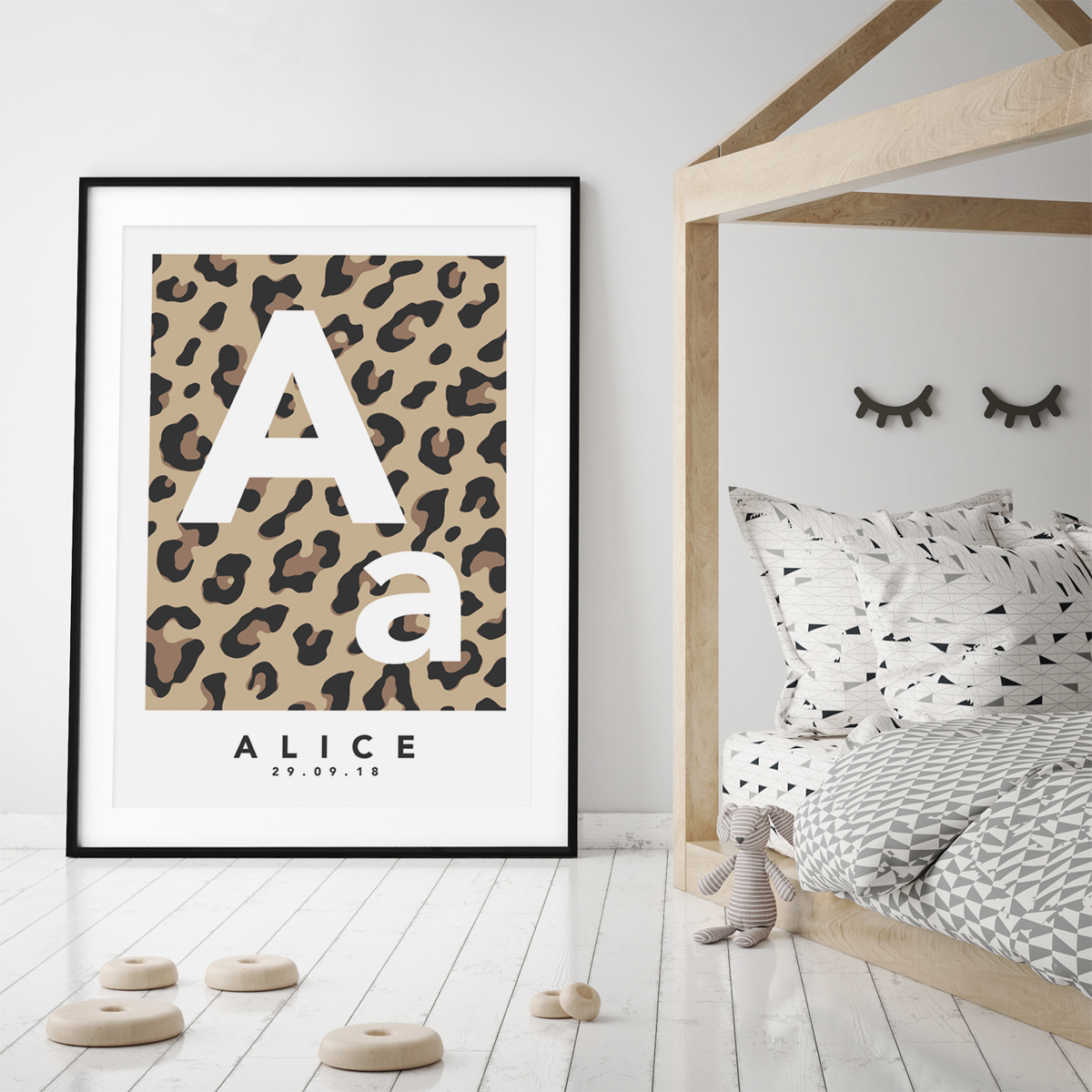 Leopard initial natural framed