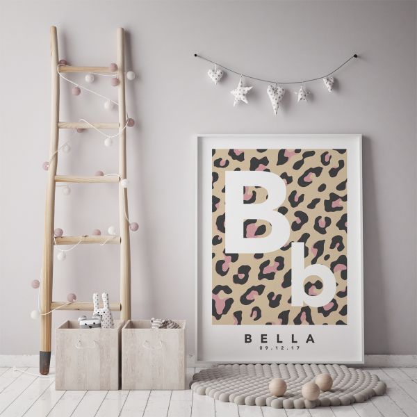 Leopard initial natural pink framed