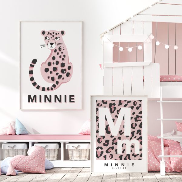 Leopard initial pink pair framed