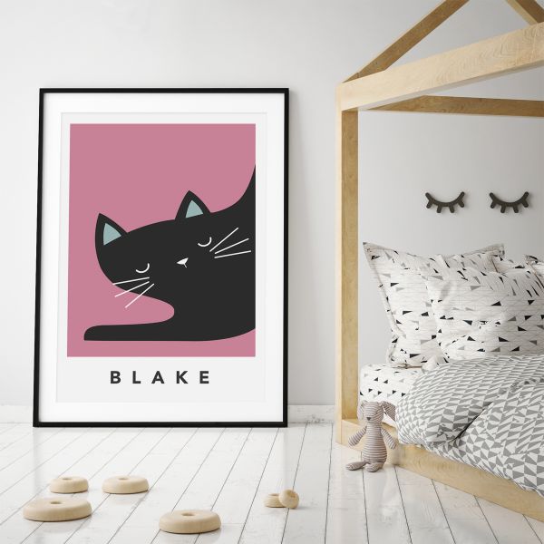 black cat sleepy framed pink