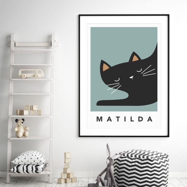 black cat sleepy framed teal