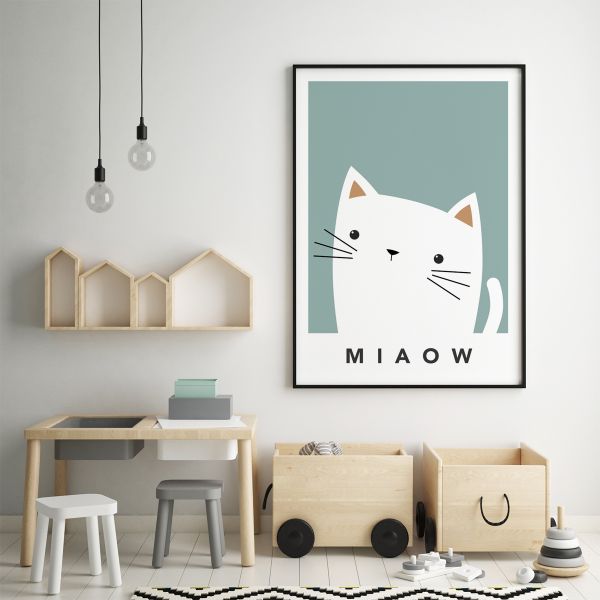 white cat cheeky teal framed