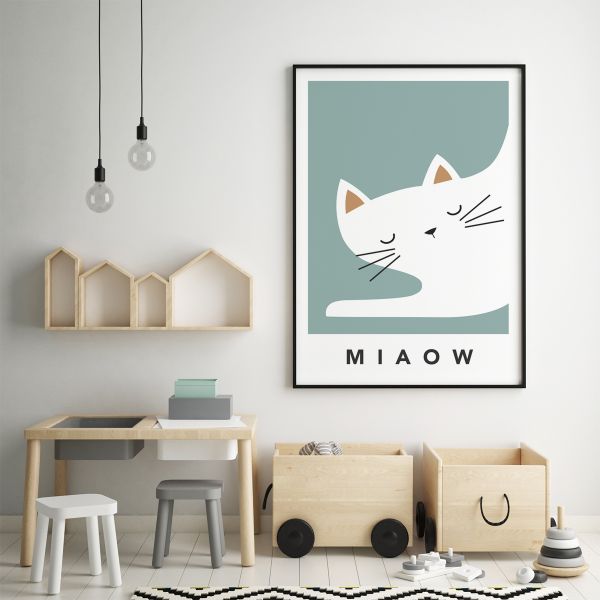 white cat sleepy framed teal