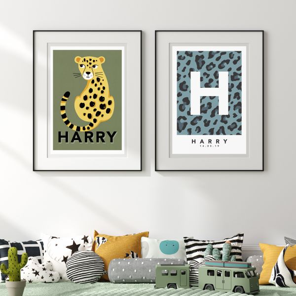 Leopard blue pair single framed