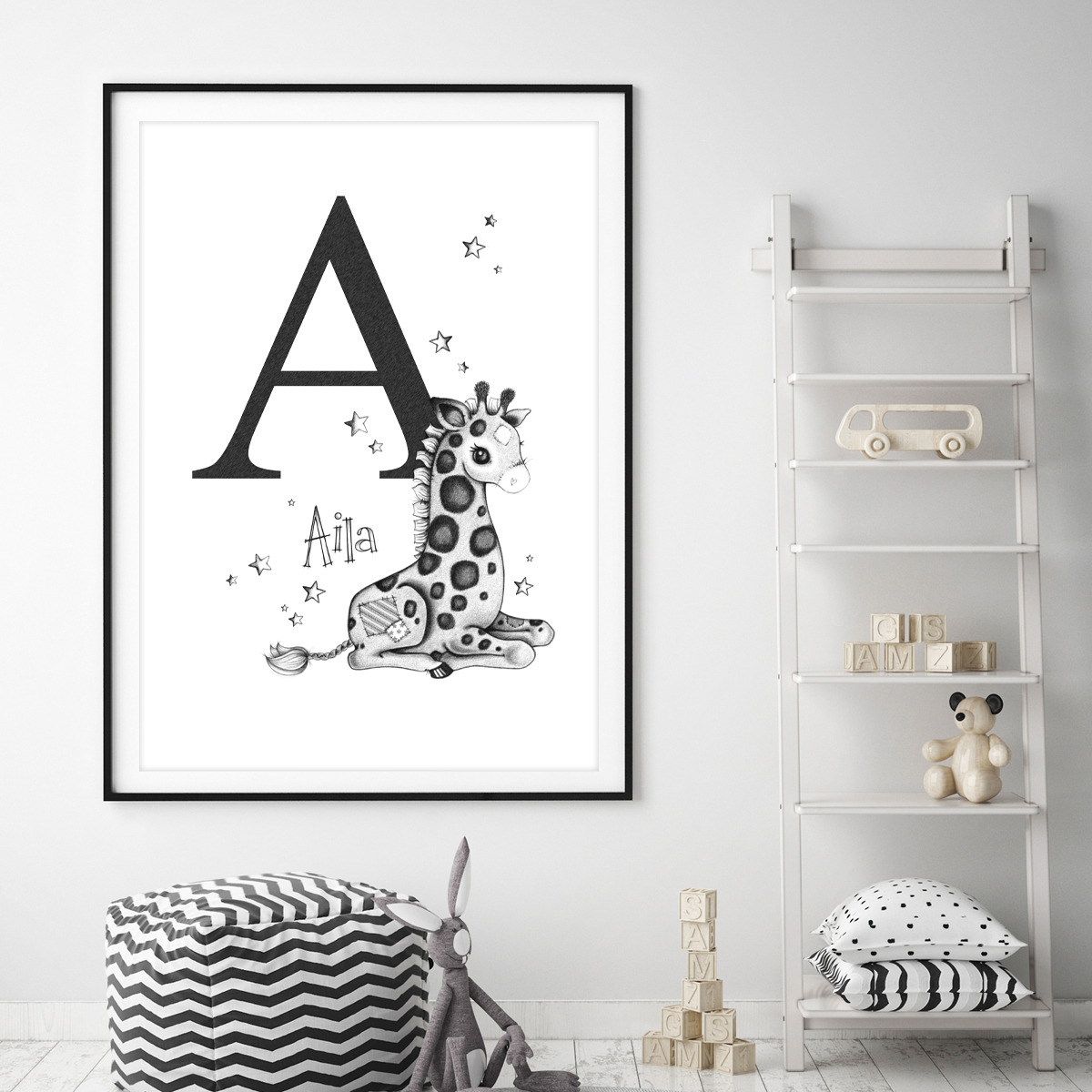 Giraffe sitting initial framed